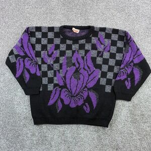 Vintage Spunky Sweater Mens Large Black Purple Floral Checkerboard Knit USA Made